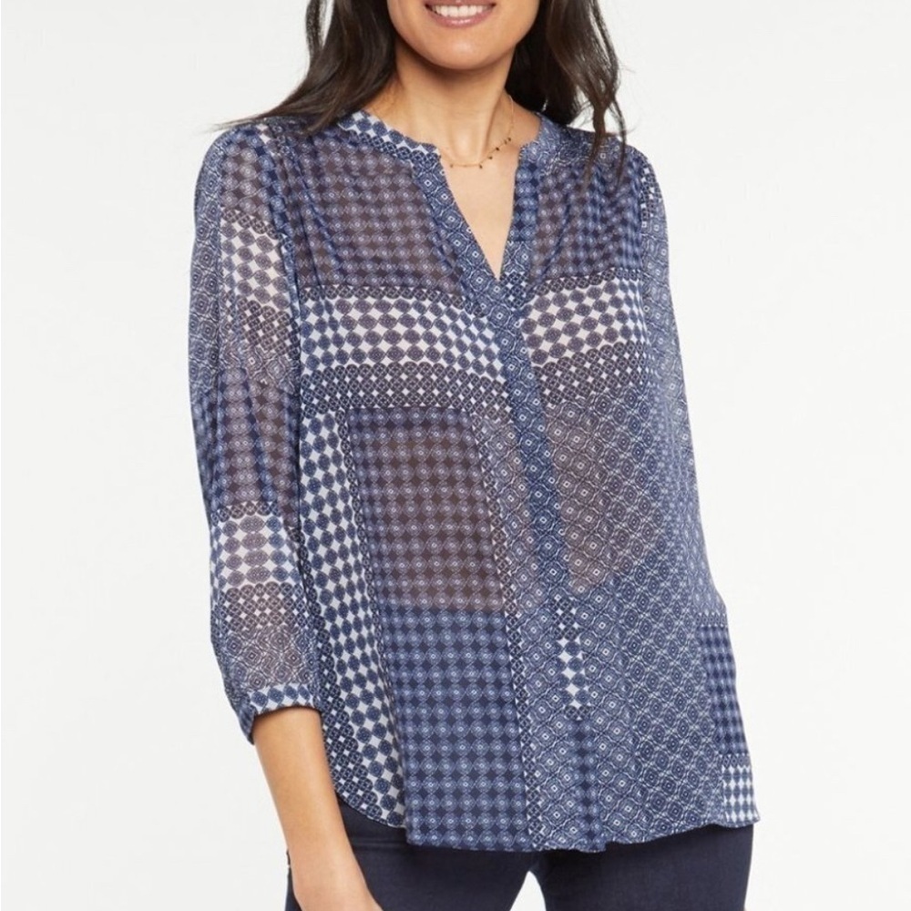 NYDJ Medallion Medley Dark Blue Patchwork Lilibet Sheer Blouse Stitchfix Size 1X